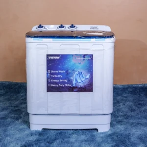 Vision Plus VPWM7TT 7KG twin tub top load washing machine featuring Turbo Dry technology, sleek compact design, and under-side rodent protection — efficient laundry solution available at Tael Appliances.