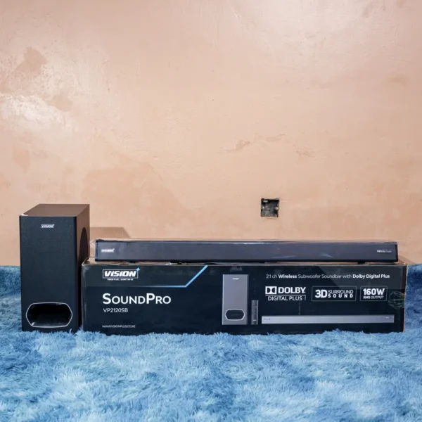 Vision SoundPro VP2120SB 2.1 channel soundbar with wireless subwoofer, Dolby Digital Plus, 3D surround sound, and 160W RMS output — premium home audio system at Tael Appliances.