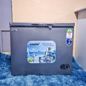 Vision Plus freezer 200ltrs: VPCF200F chest freezer, 200 Ltrs capacity, Super Freeze, lockable, castor wheels, silver finish, available at Tael Appliances.
