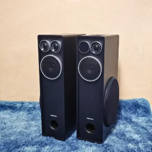 Vision Plus towerspeaker 240w: VP2060TS model, 240W output, dual 6.5 inch subwoofers, wooden cabinet, Bluetooth, HDMI, black, available at Tael Appliances.