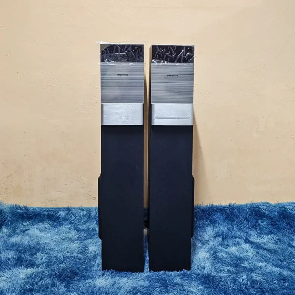 Vision Plus towerspeaker 360w: VP2080TS model, 360W output, dual 8 inch subwoofers, wooden cabinet, Bluetooth, HDMI, black, available at Tael Appliances.