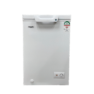 Von chest freezer 98ltrs: VAFC10DHW model, 98 Ltrs, direct cooling, low noise, lockable door, LED light, removable basket, white finish, available at Tael Appliances.