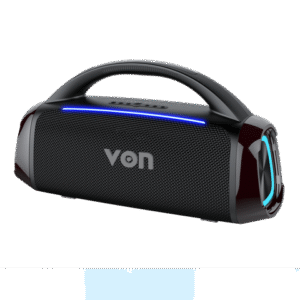 Von portable party speaker: VPS70X5LEK model, 70W audio, IPX5 splashproof, 5 hours playtime, lightshow, mic input, power bank function, black, available at Tael Appliances.