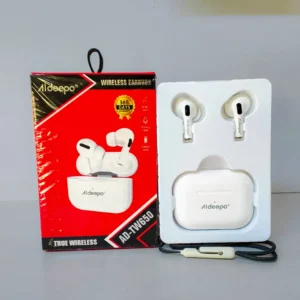 Aldeepo AD-TW650 true wireless earbuds in white with charging case at Tael Appliances.