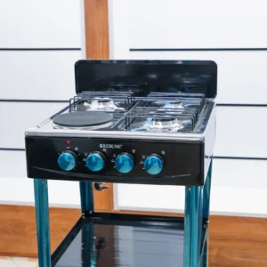 Rebune 50x50 standing cooker with three gas burners, an electric hotplate and two shelves at Tael Appliances.