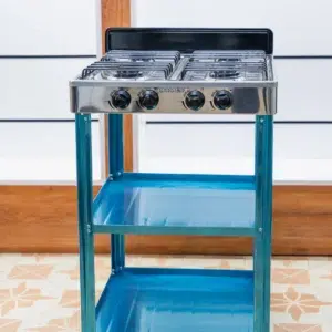 Rebune 4 burner standing gas cooker with stainless steel top and two storage shelves at Tael Appliances.