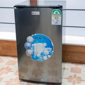 Rebune RE-2020-5 90 litre mini fridge with silver door and black body at Tael Appliances.