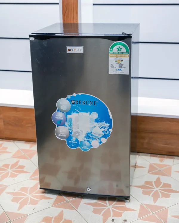 Rebune RE-2020-5 90 litre mini fridge with silver door and black body at TAEL Electronics and Appliances.