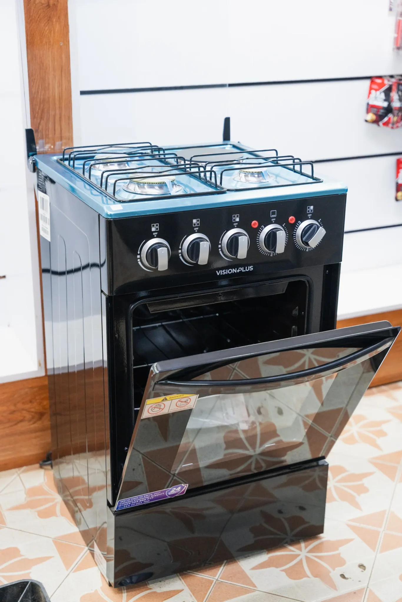 Vision Plus Cooker 50x50 3 Gas 1 Electric Black 3 Vision Plus 50x50 cooker with the oven door open, showing the oven cavity and shelf at Tael Appliances.