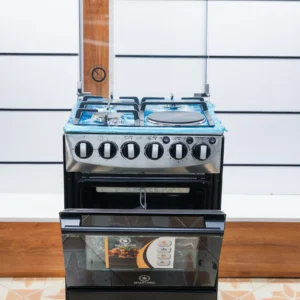 Smart Pro 50x50 standing cooker in black with stainless control panel and tempered glass lid at Tael Appliances.